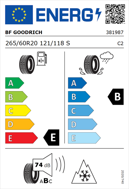 Tyre Label for BF Goodrich All-Terrain T/A KO2 RBL 265/60R20 121/118S