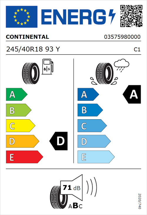 Tyre Label for Continental ContiSportContact 5 245/40R18 93Y