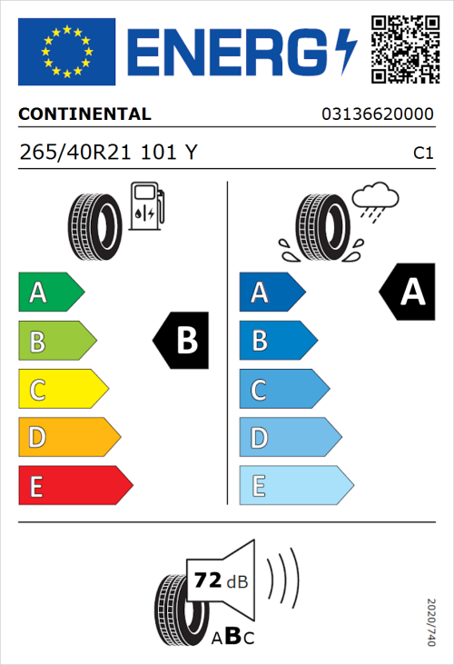 Tyre Label for Continental SportContact 7 265/40R21 101Y