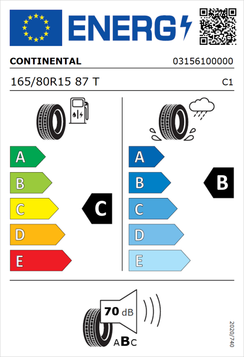 Tyre Label for Continental Contact CT22 165/80R15 87T
