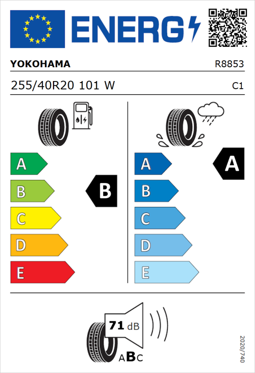 Tyre Label for Yokohama Advan Sport EV V108 255/40R20 101W