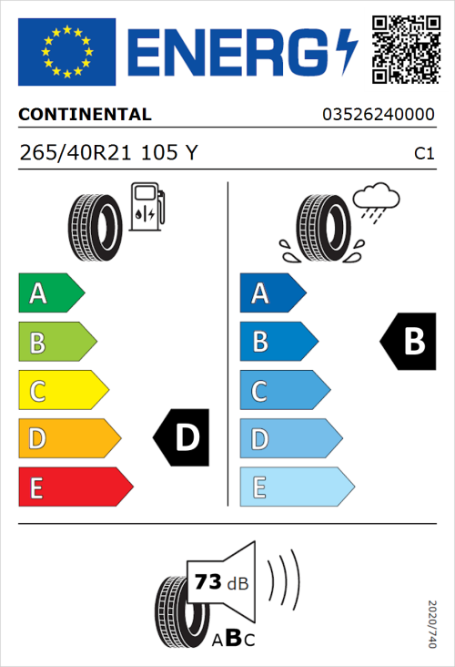 Tyre Label for Continental SportContact 2 265/40R21 105Y