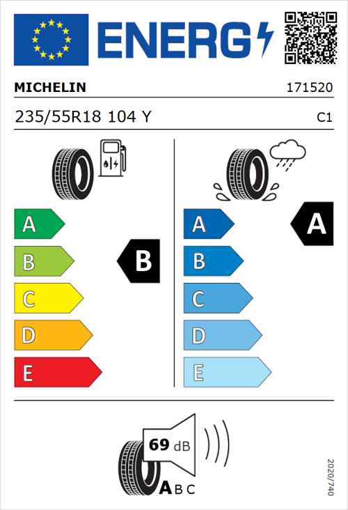 Tyre Label for Michelin Primacy 3 235/55R18 104Y